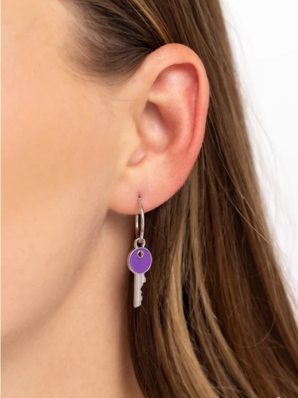 paparazzi Silver Hoop Earrings with Purple Key Charm